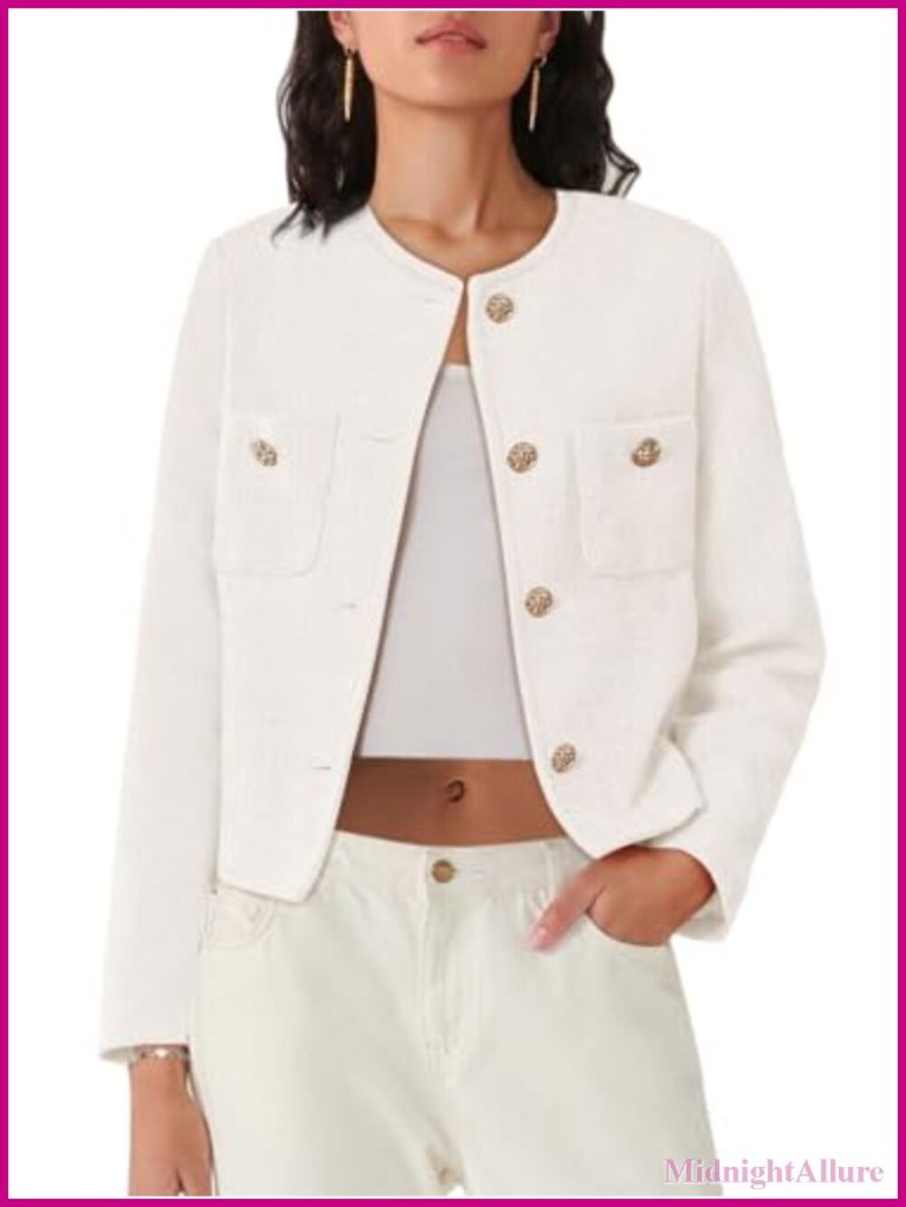 Womens Tweed Cropped Blazer Long Sleeve Button Down Jacket Business Casual